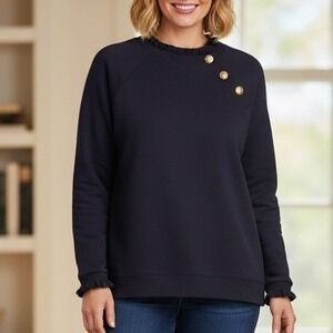 Talbots Plus Petite Navy Blue Ruffle Trim Gold Button Sweatshirt‎ 2XP Old Money
